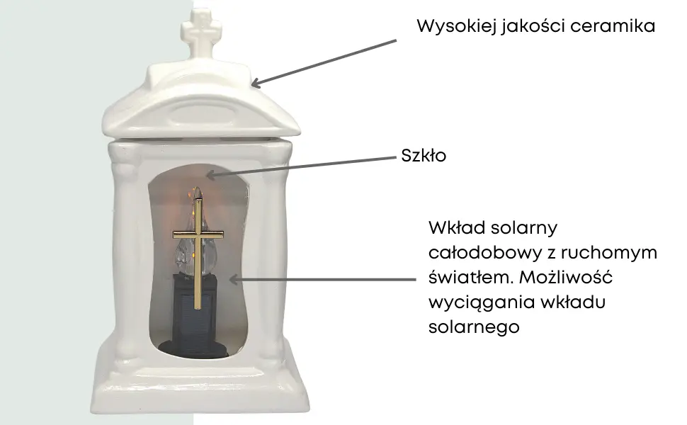 Znicz Ceramiczny Biały Kapliczka z Krzyżem Złotym i wkładem solarnym ZC19 znicz_ceramiczny_zegar_bialy_z_wkladen_solarnym_2