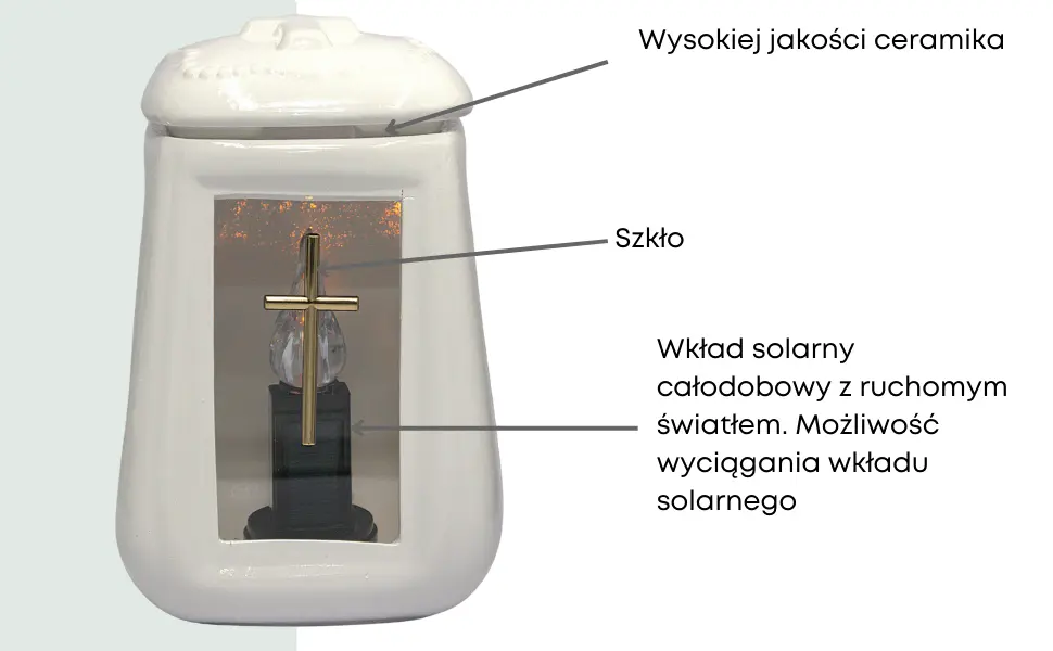 Znicz Ceramiczny Beczka Worek Biały Krzyż Złoty z wkładem solarnym ZC23 znicz_ceramiczny_bialy_z_wkladem_solarnym_2