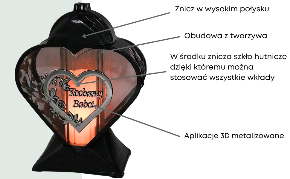 Znicz artystyczny serce LL87 czarno-srebrny 32 cm szkło połysk bez wkładu znicz_serce_czarno_srebrne_z_dedykacja_dla_Babci_2