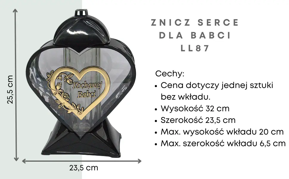 Znicz artystyczny LL87 serce czarny połysk złota aplikacja wysoki wkład znicz_serce_czarno_zlote_z_dedykacja_dla_Babci_1