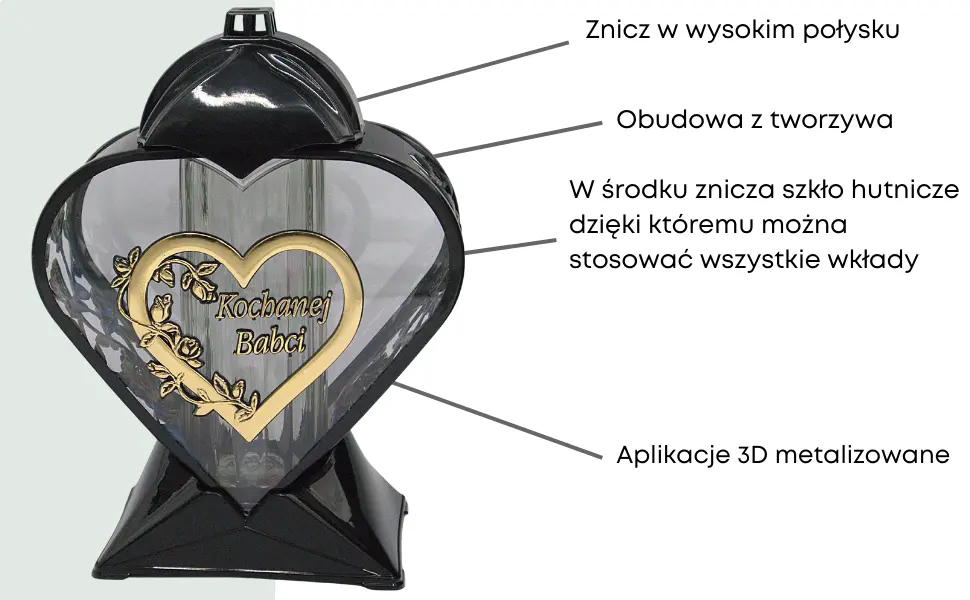 Znicz artystyczny LL87 serce czarny połysk złota aplikacja wysoki wkład znicz_serce_czarno_zlote_z_dedykacja_dla_Babci_2