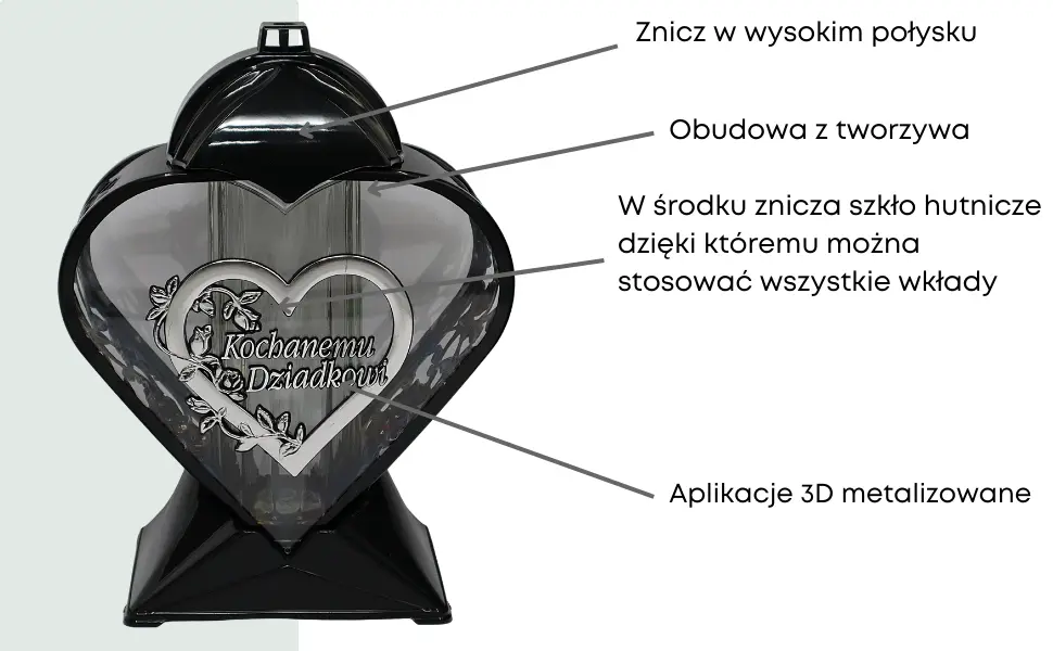 Znicz artystyczny serce LL87 czarno-srebrny 32 cm szkło połysk bez wkładu znicz_serce_czarno_srebrne_z_dedykacja_dla_Dziadka_2