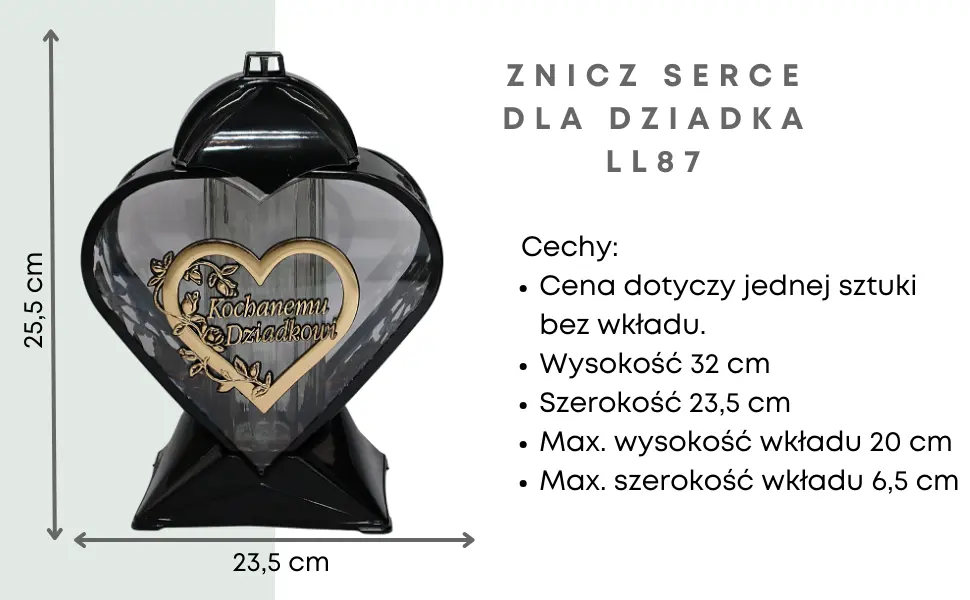 Znicz artystyczny LL87 serce czarny połysk złota aplikacja wysoki wkład znicz_serce_czarno_zloty_z_dedykacja_dla_Dziadka_1