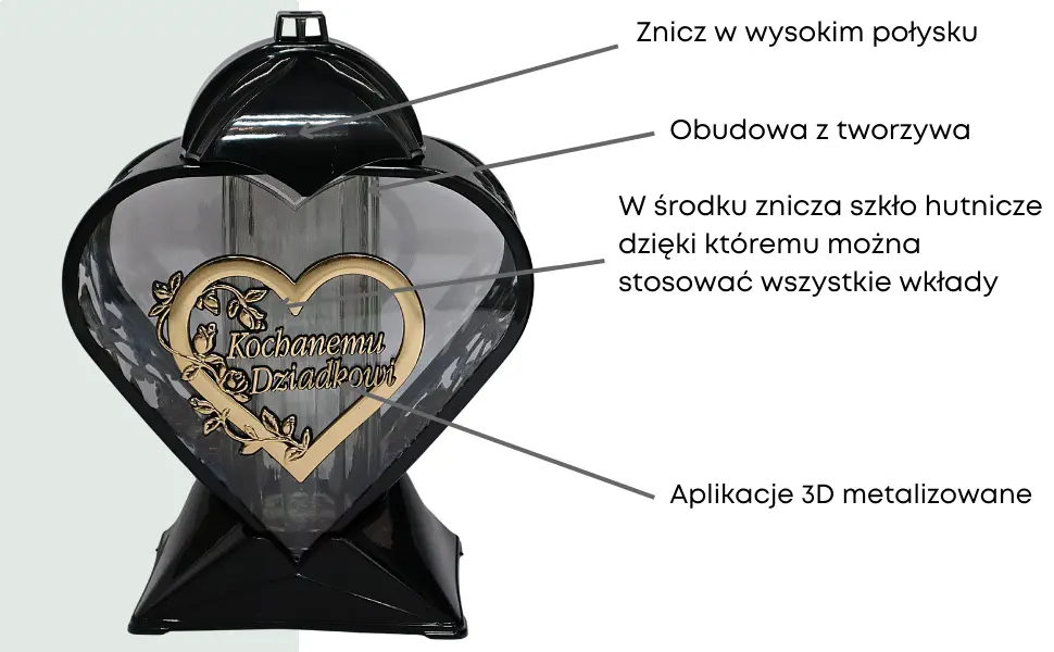 Znicz artystyczny LL87 serce czarny połysk złota aplikacja wysoki wkład znicz_serce_czarno_zloty_z_dedykacja_dla_Dziadka_2