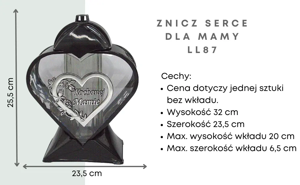 Znicz artystyczny serce LL87 czarno-srebrny 32 cm szkło połysk bez wkładu znicz_serce_czarno_zlote_z_dedykacja_dla_Babci_1