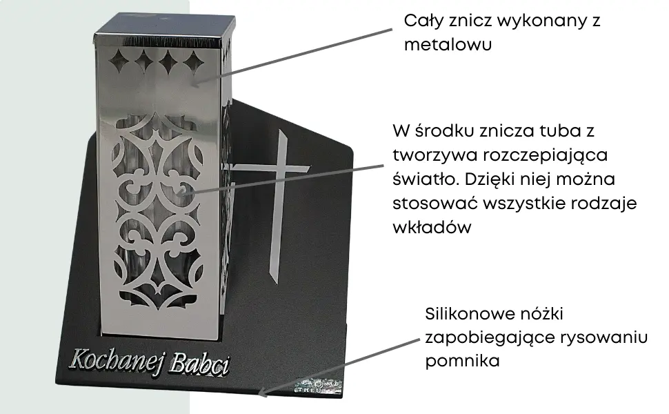 Znicz Metalowy Paris D Ornament Krzyż Tuba Srebrna na Wkład LM21 znicz_solarny_z_dedykacja_dla_babci_2