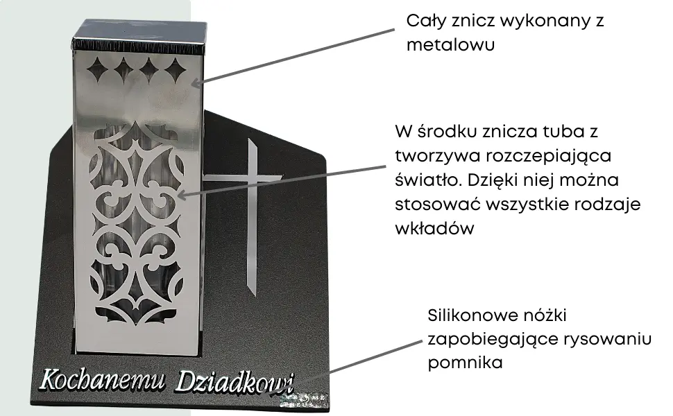 Znicz Metalowy Paris D Ornament Krzyż Tuba Srebrna na Wkład LM21 znicz_solarny_z_dedykacja_dla_dziadka_2