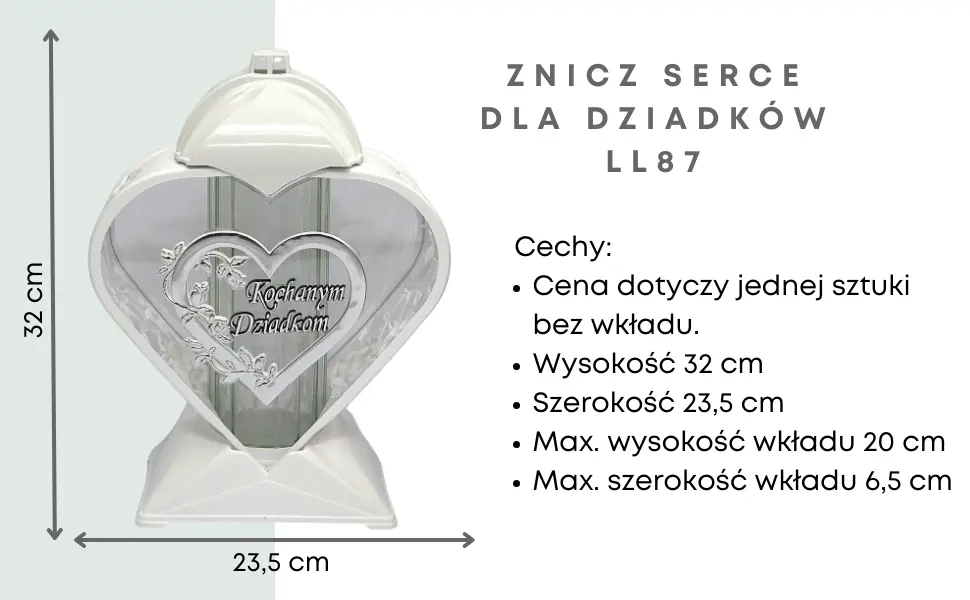 Nowoczesny Znicz Serce na pomnik duży szklany Biało Srebrny LL87 znicz_serce_bialo_srebrny_z_aplikacja_kochanym_dziadkom_1