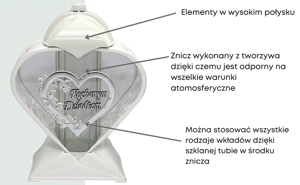 Nowoczesny Znicz Serce na pomnik duży szklany Biało Srebrny LL87 znicz_serce_bialo_srebrny_z_aplikacja_kochanym_dziadkom_2