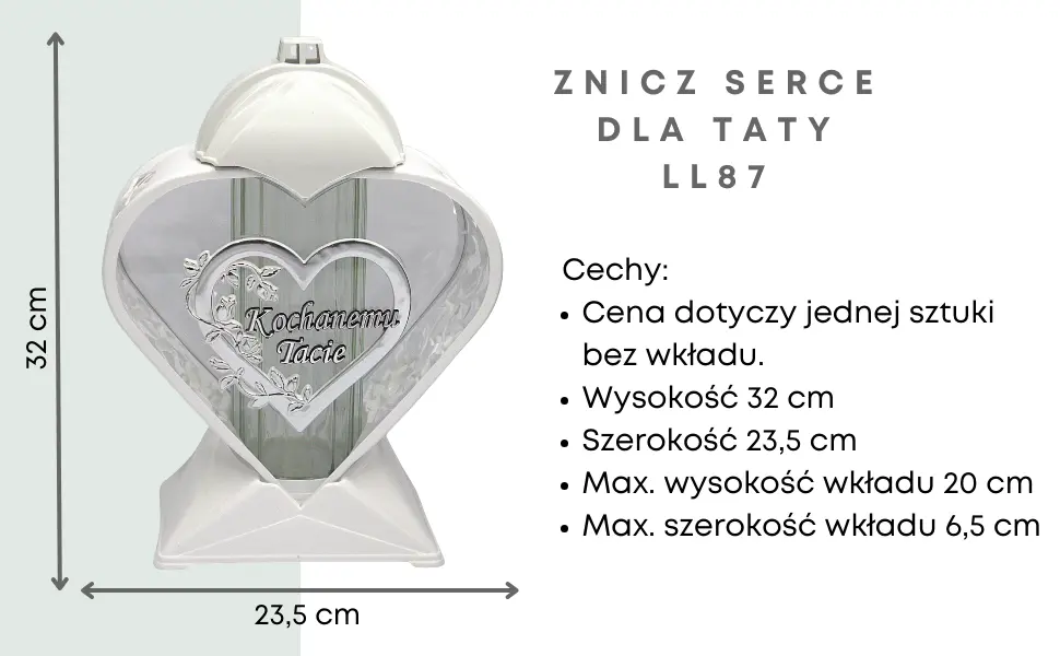 Nowoczesny Znicz Serce na pomnik duży szklany Biało Srebrny Tacie LL87 znicz_serce_bialo_srebrne_z_aplikacja_kochanemu_tacie_1
