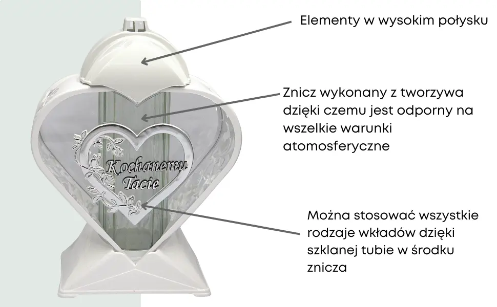 Nowoczesny Znicz Serce na pomnik duży szklany Biało Srebrny Tacie LL87 znicz_serce_bialo_srebrne_z_aplikacja_kochanemu_tacie_2