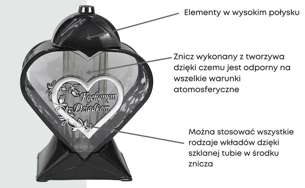 Znicz artystyczny serce LL87 czarno-srebrny 32 cm szkło połysk bez wkładu znicz_serce_czarno_srebrne_z_aplikacja_kochanym_dziadkom__2