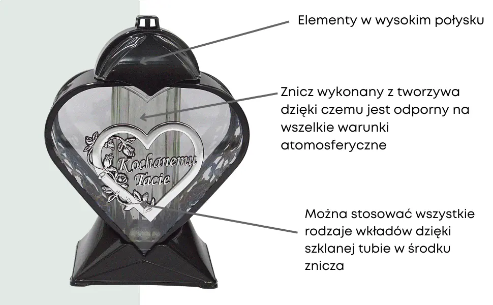 Znicz artystyczny serce LL87 czarno-srebrny 32 cm Kochanemu Tacie zniczserce_czrno_srebrne_z_dedykacja_kochanemu_tacie_2