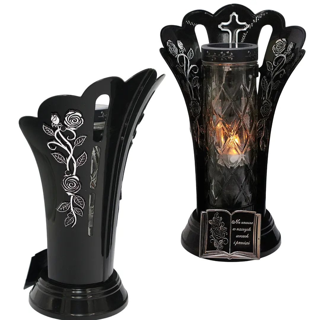 Duży znicz korona fotowoltaiczny czarno srebrny LL98 na pomnik sentencja na wkład szklany   znicz_duzy_korona_fotowoltaiczny_zdobienie_serbrne_4