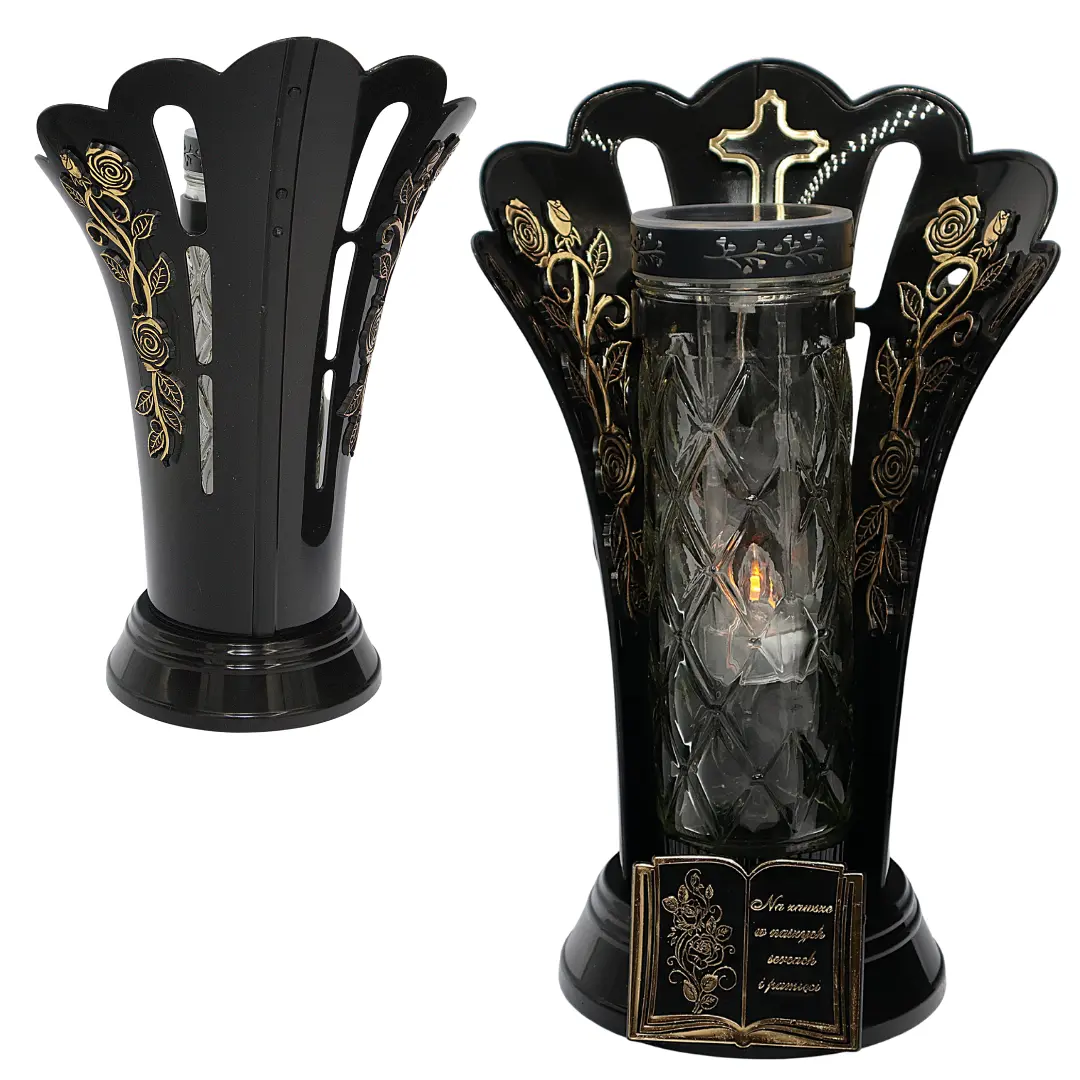 Duży znicz korona czarno złoty LL98 na pomnik sentencja na wkład szklany  znicz_duzy_korona_fotowoltaiczny_zdobienie_zlote_4