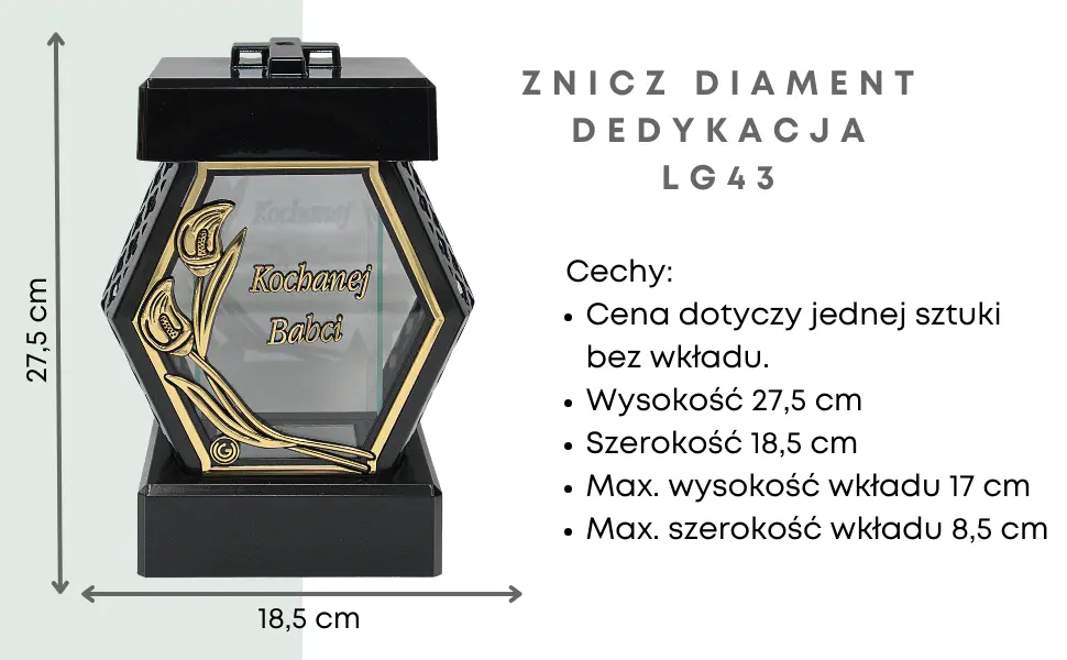 Znicz LG43 diament złoty rattan szkło z dedykacją kochanej babci znicz_diament_czarno_zloty_z_dedykacja_kochanej_babci_1