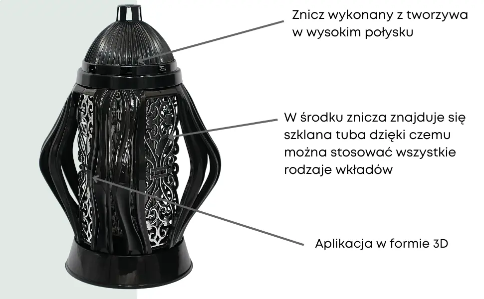 Duży Znicz artystyczny czarno srebrny LG62 na cmentarz szkło nowoczesny  znicz_decor_czarno_srebrny_2