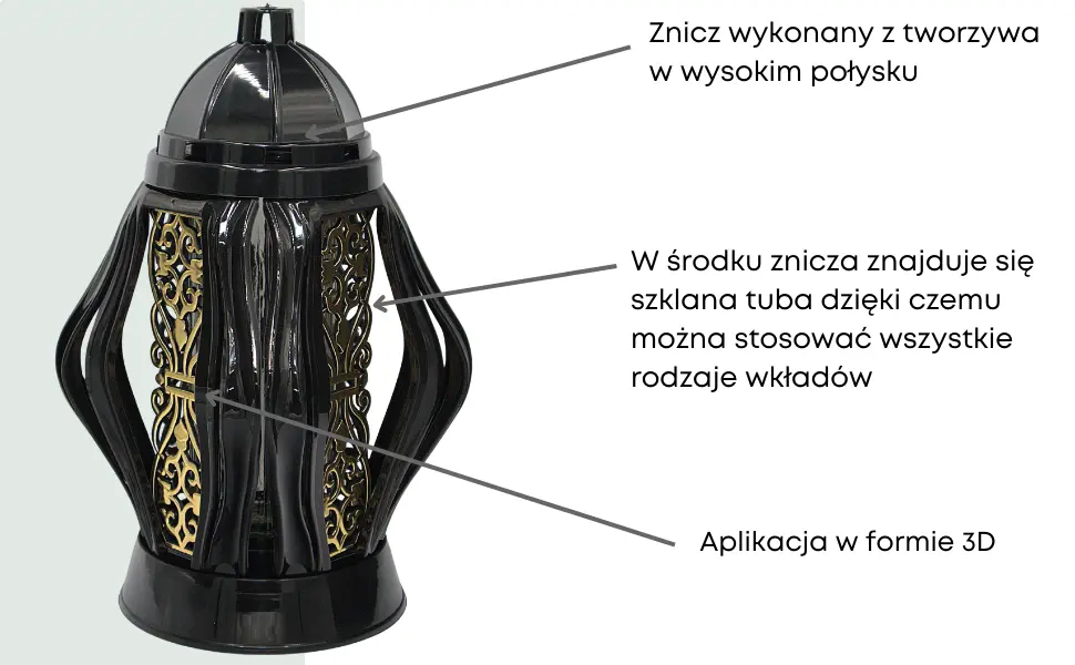 Duży Znicz artystyczny czarno złoty LG62 na cmentarz szkło nowoczesny  znicz_decor_czarno_zloty_2