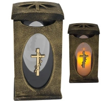 Lampion znicz domek złoty 28 cm z krzyżem kamienny ciężki szkło LK23