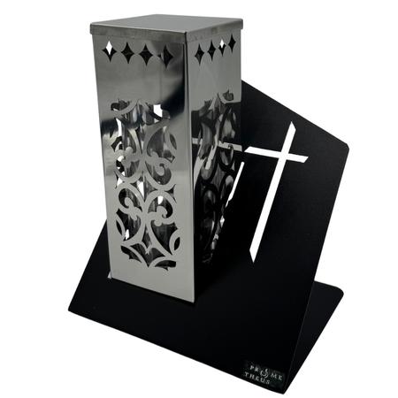 Znicz Metalowy Paris D Ornament Krzyż Tuba Srebrna na Wkład LM21