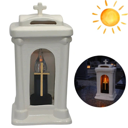 Znicz ceramiczny LC30 biały szkliwiony krzyż kapliczka z wkładem solarnym