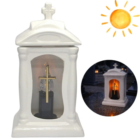 Znicz Ceramiczny Biały Kapliczka z Krzyżem Złotym i wkładem solarnym ZC19