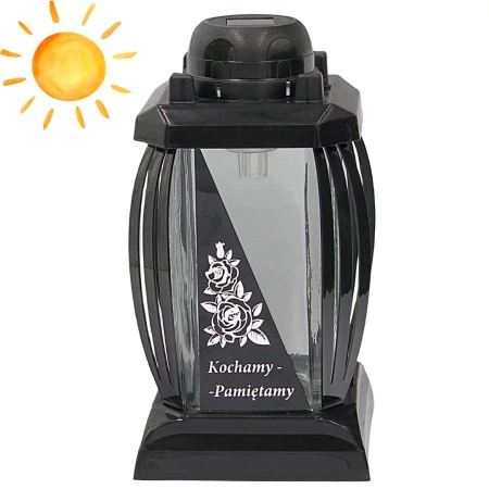 Znicz solarny ll79 czarny srebrny led nowoczesny z różą pamiętamy cmentarz