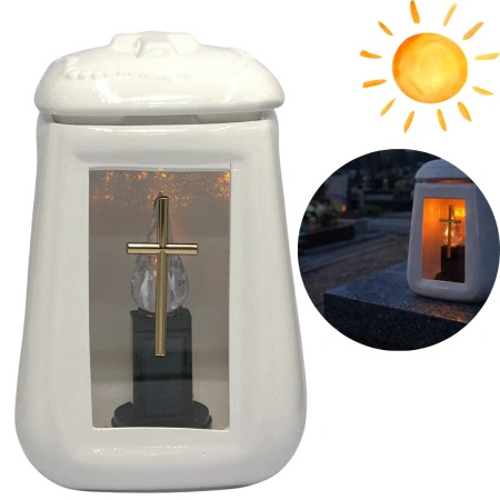 Znicz Ceramiczny Beczka Worek Biały Krzyż Złoty z wkładem solarnym ZC23