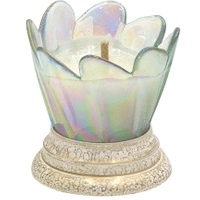 Znicz otwarty kopciuch D14 szkło tęczowe biało złoty mały grób