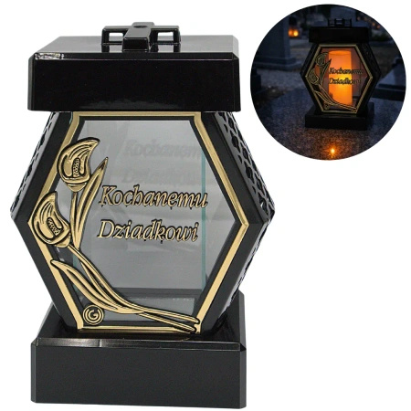 Znicz LG43 diament złoty rattan szkło z dedykacją kochanemu dziadkowi