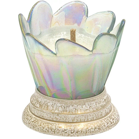 Znicz otwarty kopciuch D14 szkło tęczowe biało złoty mały grób