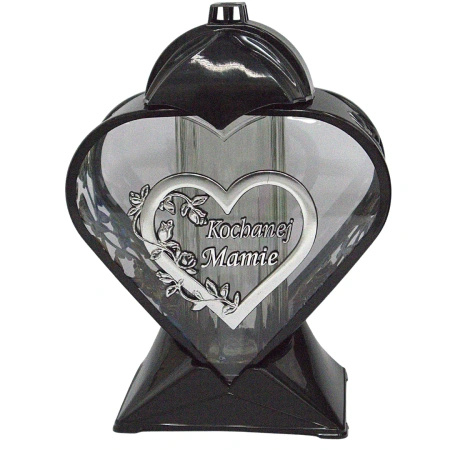 Znicz artystyczny serce LL87 czarno-srebrny 32 cm szkło połysk Mamie