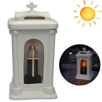 Znicz ceramiczny LC30 biały szkliwiony krzyż kapliczka z wkładem solarnym