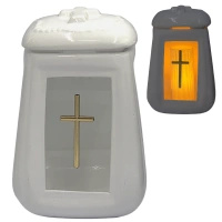 Znicz Ceramiczny Beczka Worek Biały Krzyż Złoty  na cmentarz ZC23