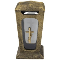 Znicz żywiczny kamienny 28 cm z krzyżem szkło gruby solidny lampion LK22