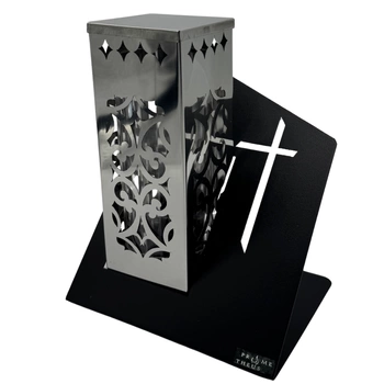 Znicz Metalowy Paris D Ornament Krzyż Tuba Srebrna na Wkład LM21