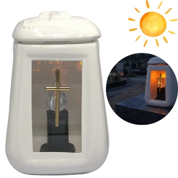 Znicz Ceramiczny Beczka Worek Biały Krzyż Złoty z wkładem solarnym ZC23