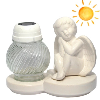 Znicz solarny ceramiczny lc20 biały z aniołem led cmentarz pamiętamy