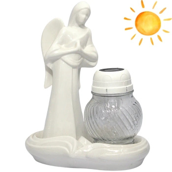 Znicz solarny biały ceramiczny lc16 z aniołem stróżem led elegancki grób