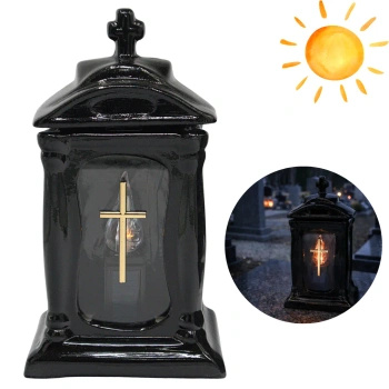 Znicz ceramiczny zegar czarny LC19 na pomnik z wkładem solarnym