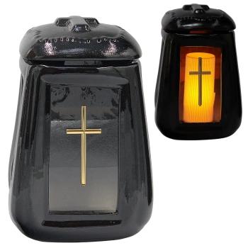 Znicz Ceramiczny Czarny Połysk Beczka Worek z Krzyżem Złotym ZC23 