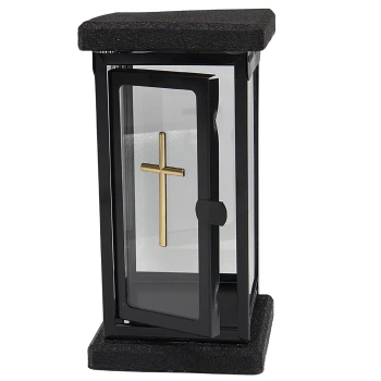 Znicz kamienny premium lk25 z krzyżem drzwiczki szkło trwały czarny solidny
