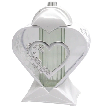 Nowoczesny Znicz Serce na pomnik duży szklany Biało Srebrny LL87