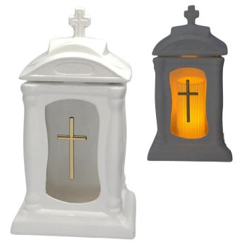 Znicz Ceramiczny Biały Kapliczka z Krzyżem Złotym Wyjątkowy Klasyczny ZC19