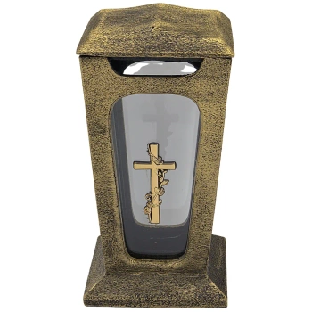 Znicz żywiczny kamienny 28 cm z krzyżem szkło gruby solidny lampion LK22