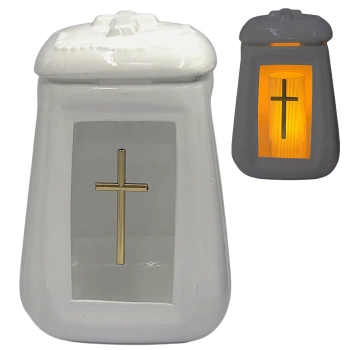 Znicz Ceramiczny Beczka Worek Biały Krzyż Złoty  na cmentarz ZC23